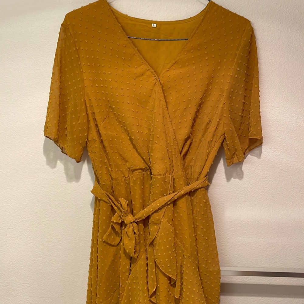 Elegant Mustard Wrap Dress with ruffles and polka dots
